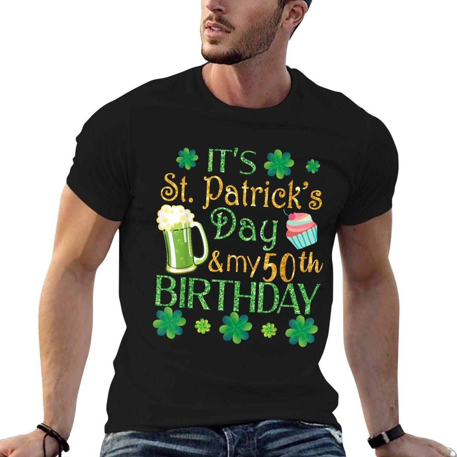 Shamrocks Beer & Cake It's St Patrick Day & My 50th Birthday  Oversized Silhouette T-Shirt