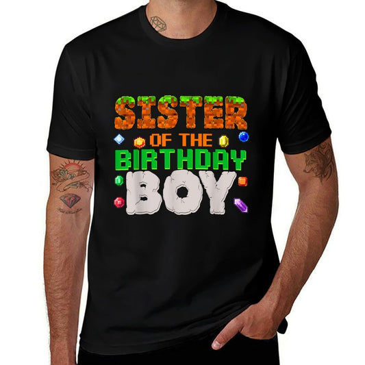 Sister Of The Birthday Boy Video Gamer Pixel Number  Cotton T-Shirt