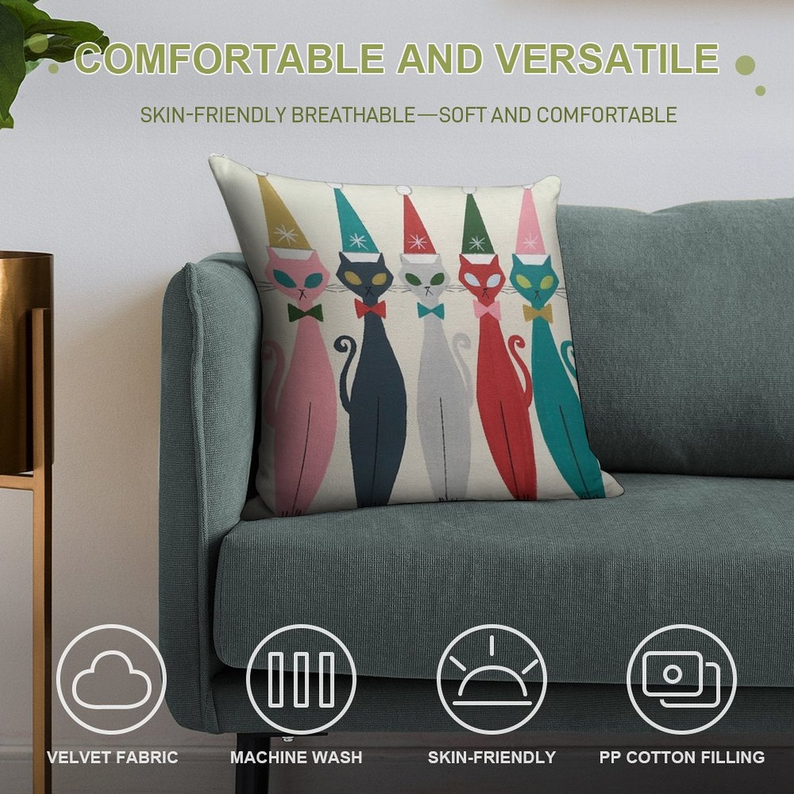 Multicolor Kitty Santa Soft Washable Throw Pillow