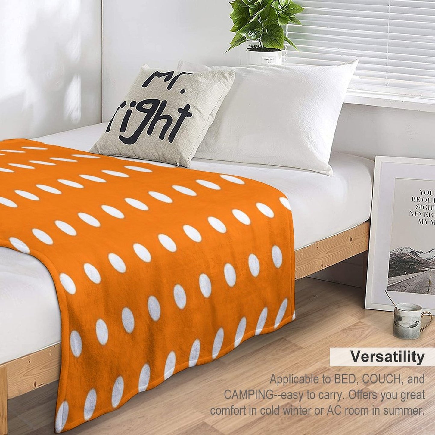 White And Calendula Orange Textured Polka Dot Grid Plush Throw Blanket