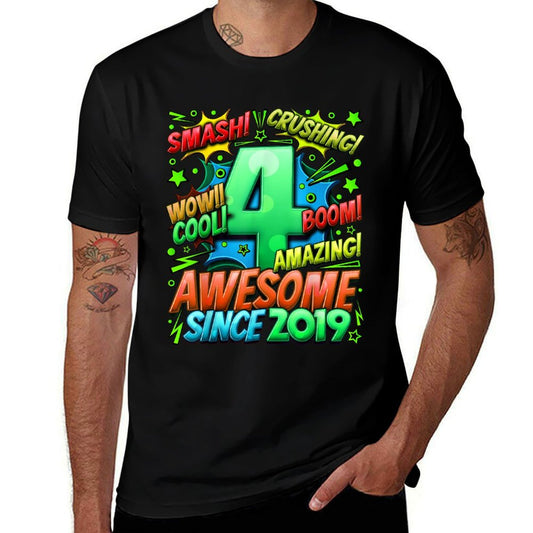 4th Birthday Comic Style Awesome Since 2019 4 Year Old Boy  Wrinkle-resistant T-Shirt