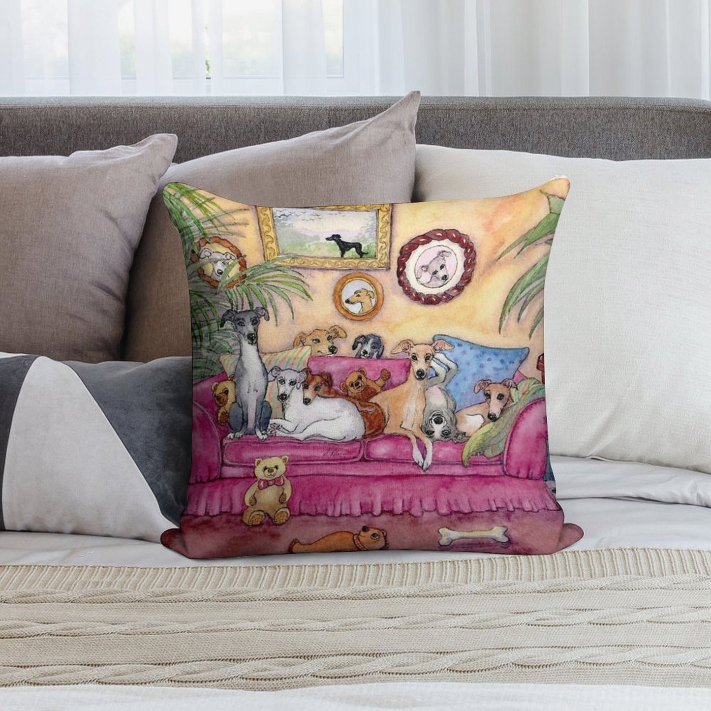 This Is Our Sofa. So - Where's Yours Greyhounds And Whippets on The Couch. Soft Anti-Pilling Throw Pillow
