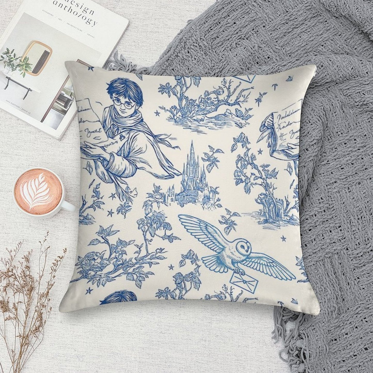 Wizarding World Pattern - Young Wizard And Owl Toile De Jouy Soft Anti-Pilling Throw Pillow