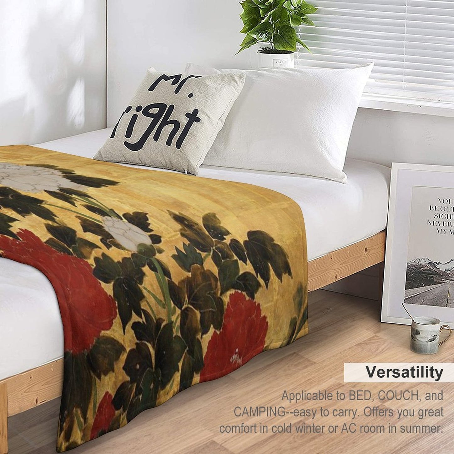 Vintage Japanese Floral Gold Leaf Screen With Wisteria And Peonies Versatility Throw Blanket