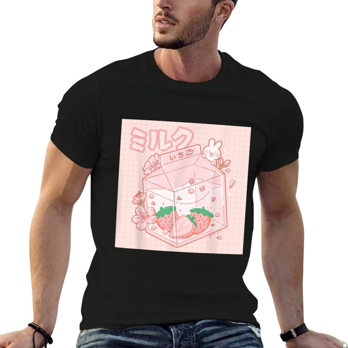 Strawberry Milk Bunny Japanese Kawaii Anime Aesthetic Pink Heathered Texture T-Shirt