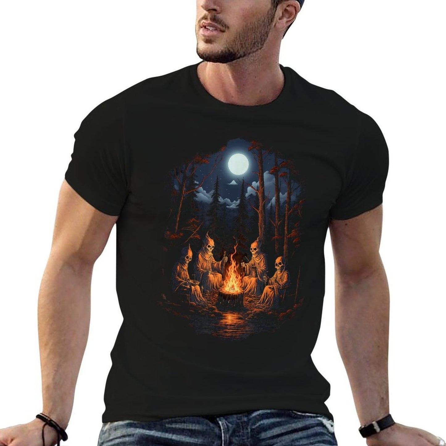 Vintage Ghost And Skeleton by Fire Camping Gothic Halloween Wrinkle-resistant T-Shirt