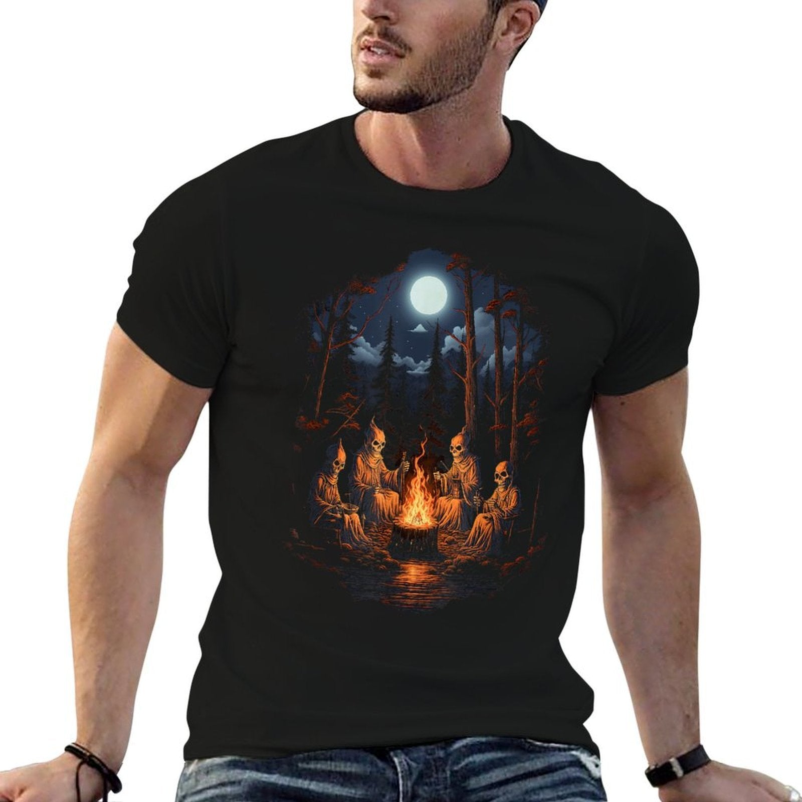 Vintage Ghost And Skeleton by Fire Camping Gothic Halloween  Wrinkle-resistant T-Shirt