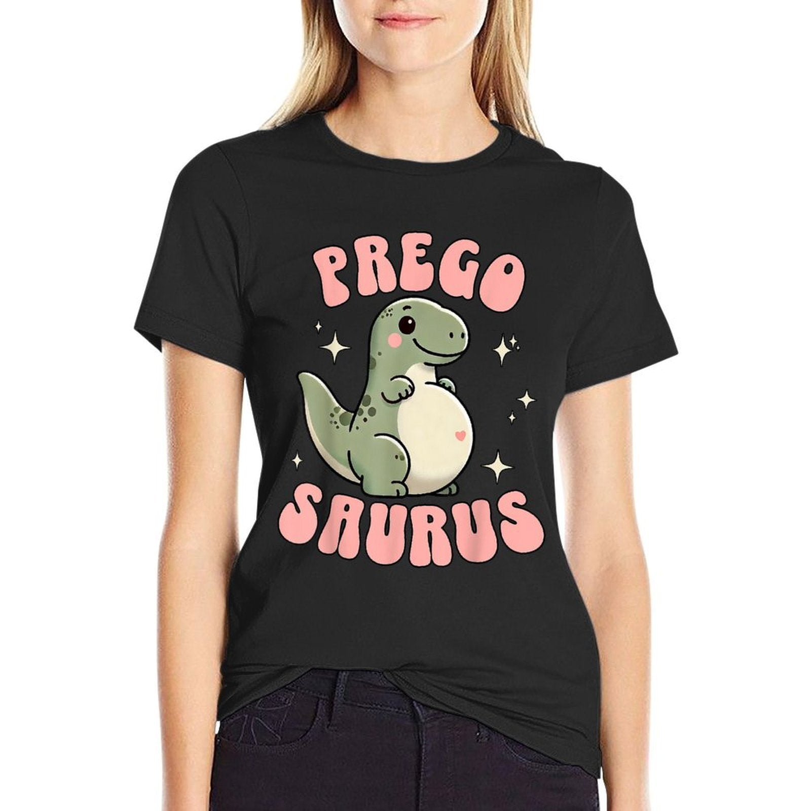 Funny Pregnant Mom Expecting Mama To Bes Pregosaurus Cute Retro Mommy Dinosaur Pregnancy Announcement, Small, Black  Rolled Sleeves T-Shirt