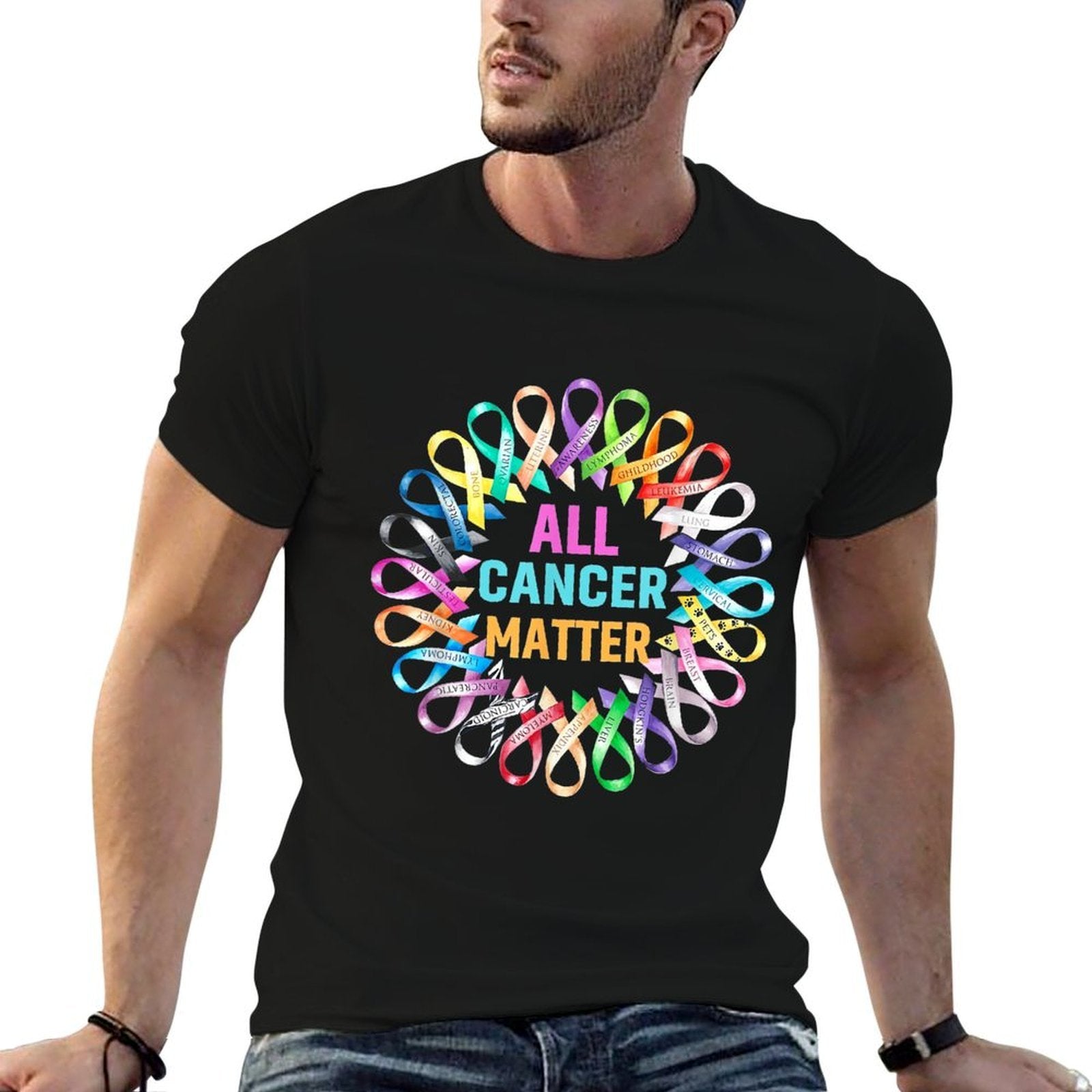 All Cancer Matter Colorful Ribbons Cancer Awareness  Ribbed Collar T-Shirt