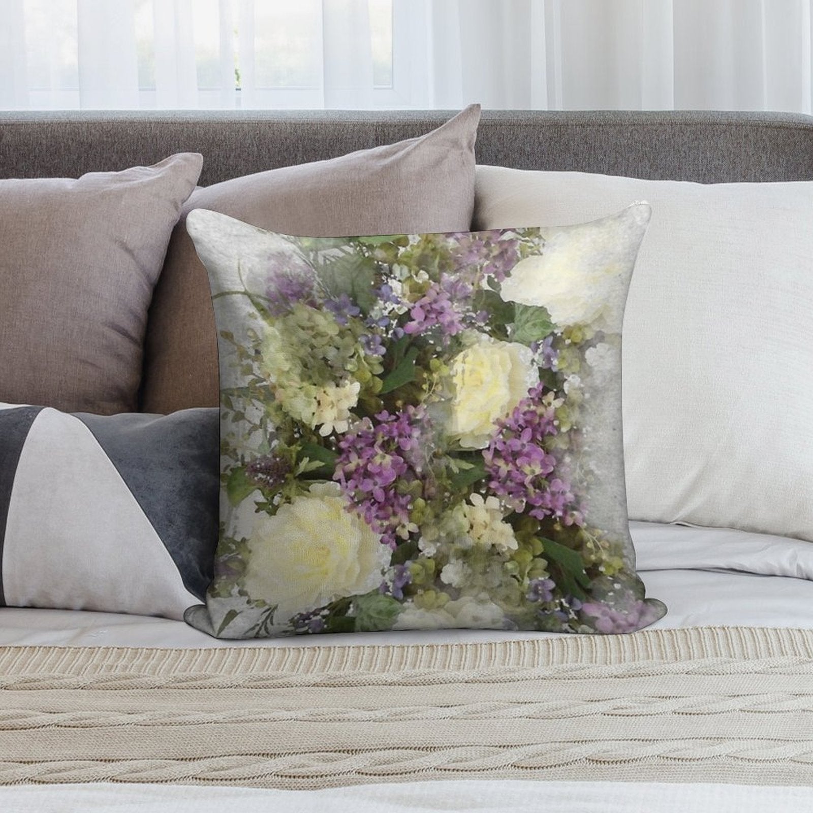 All Kinds of Lovely- A Watercolour Floral Bouquet of Cream Roses And Purple Flowers Soft Multiple Sizes Throw Pillow