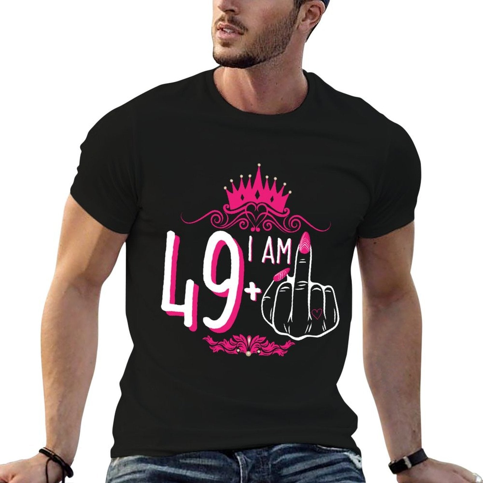 I Am 49 Plus 1 Middle Finger Pink Crown Women 50th Birthday  Polyester Blend T-Shirt