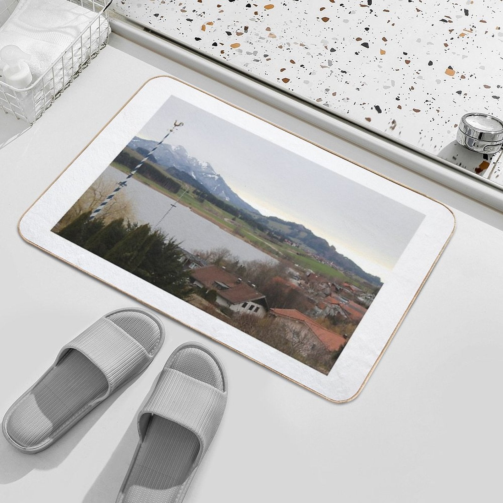 Beautiful Scene with Houses, A Lake And The Alps (in Füßen, Germany)  Easy To Clean Bath Mat