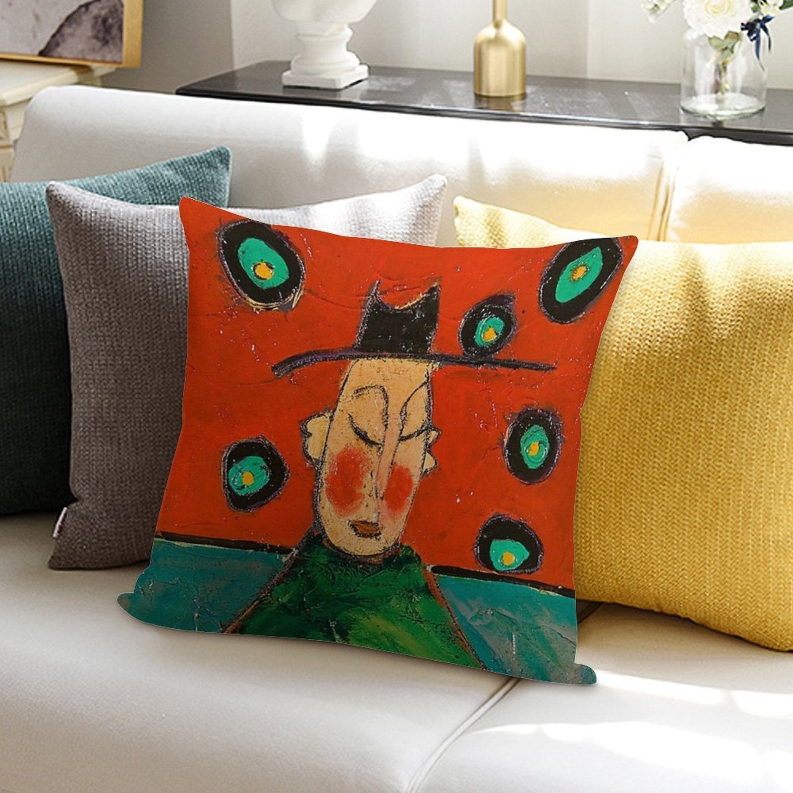 Monk Red And Turquoise Soft Hidden Zipper Throw Pillow