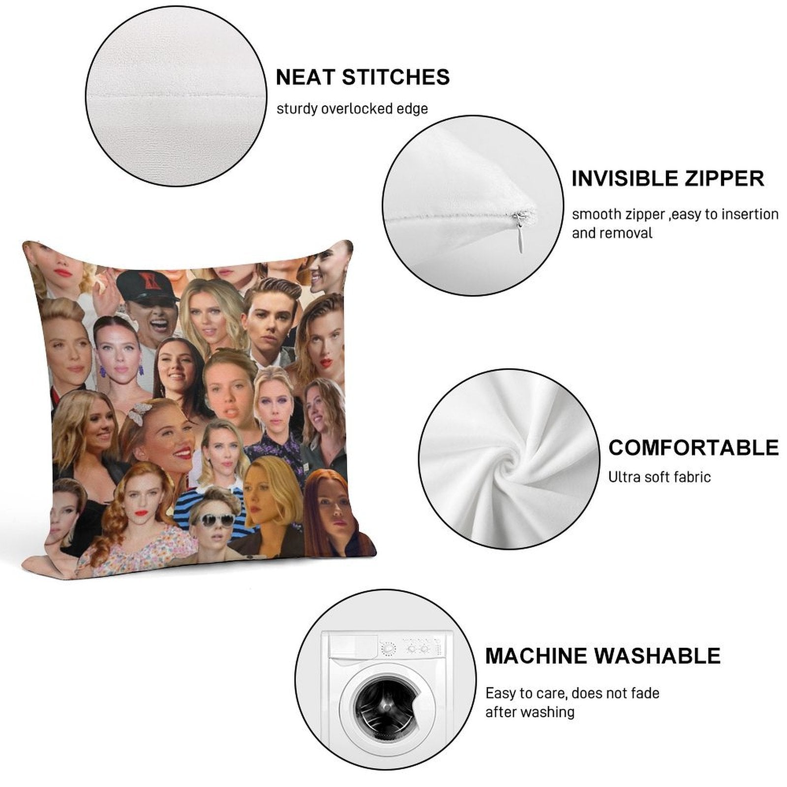 Scarlett Johansson Photo Collage Soft Reinforced Edging Throw Pillow