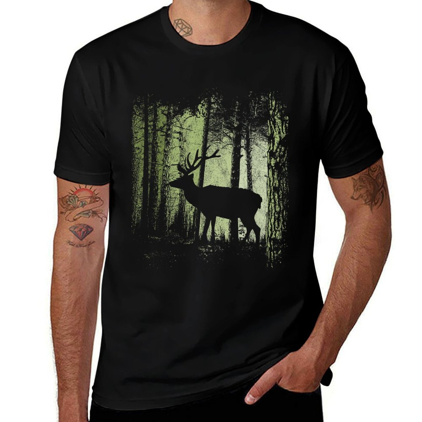 Twilight Forest Wildlife Deer Stag Silhouette  Rolled Sleeves T-Shirt