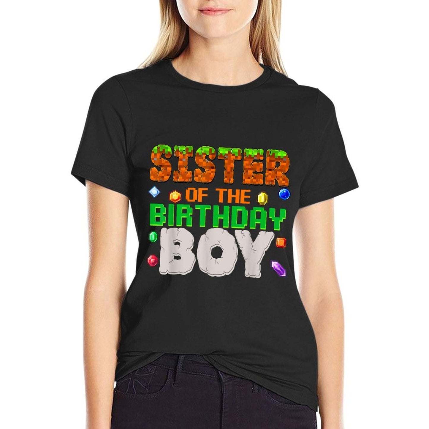 Sister Of The Birthday Boy Video Gamer Pixel Number  Cotton T-Shirt