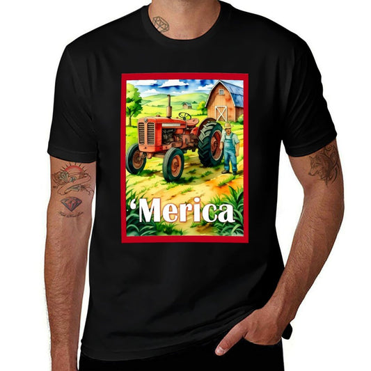 Watercolor Style Americana Farm Scene  Graphic-printed T-Shirt