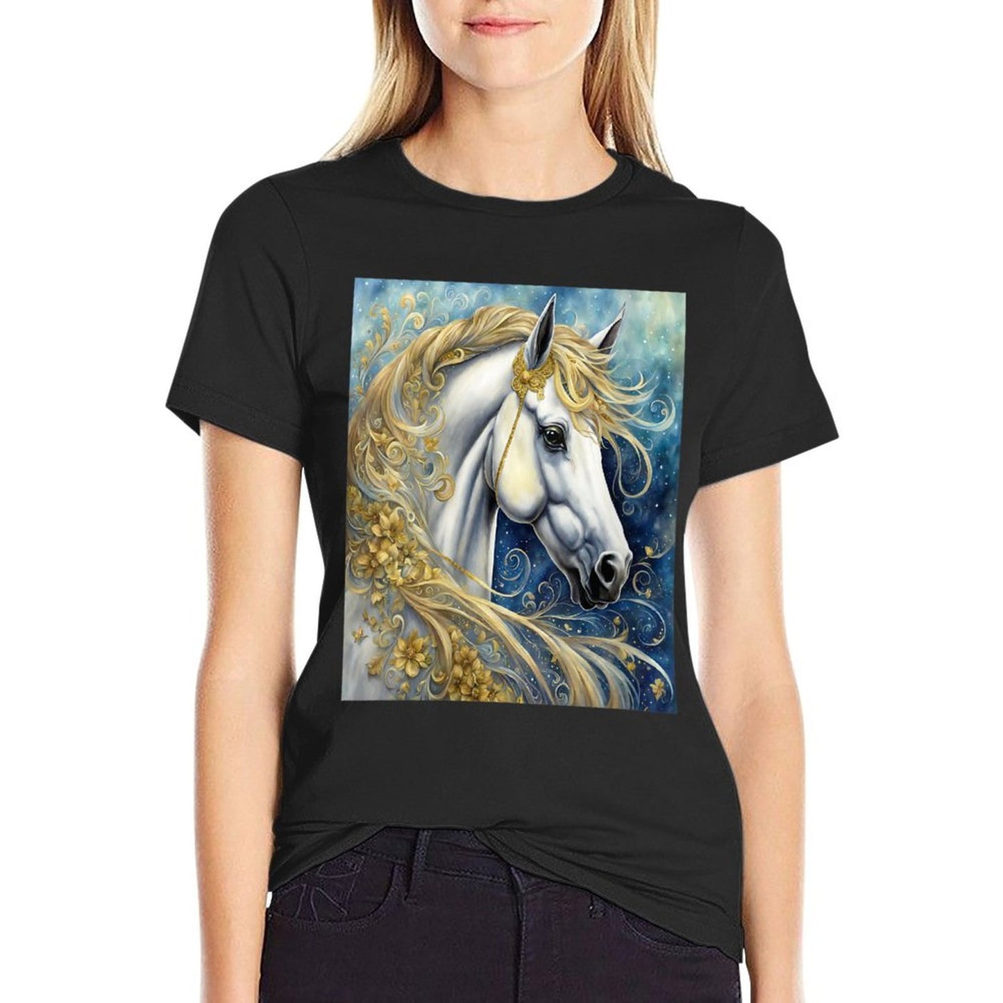 Womens Celestial White Horse in Night Sky Twilight And Flowers  Polyester Blend T-Shirt