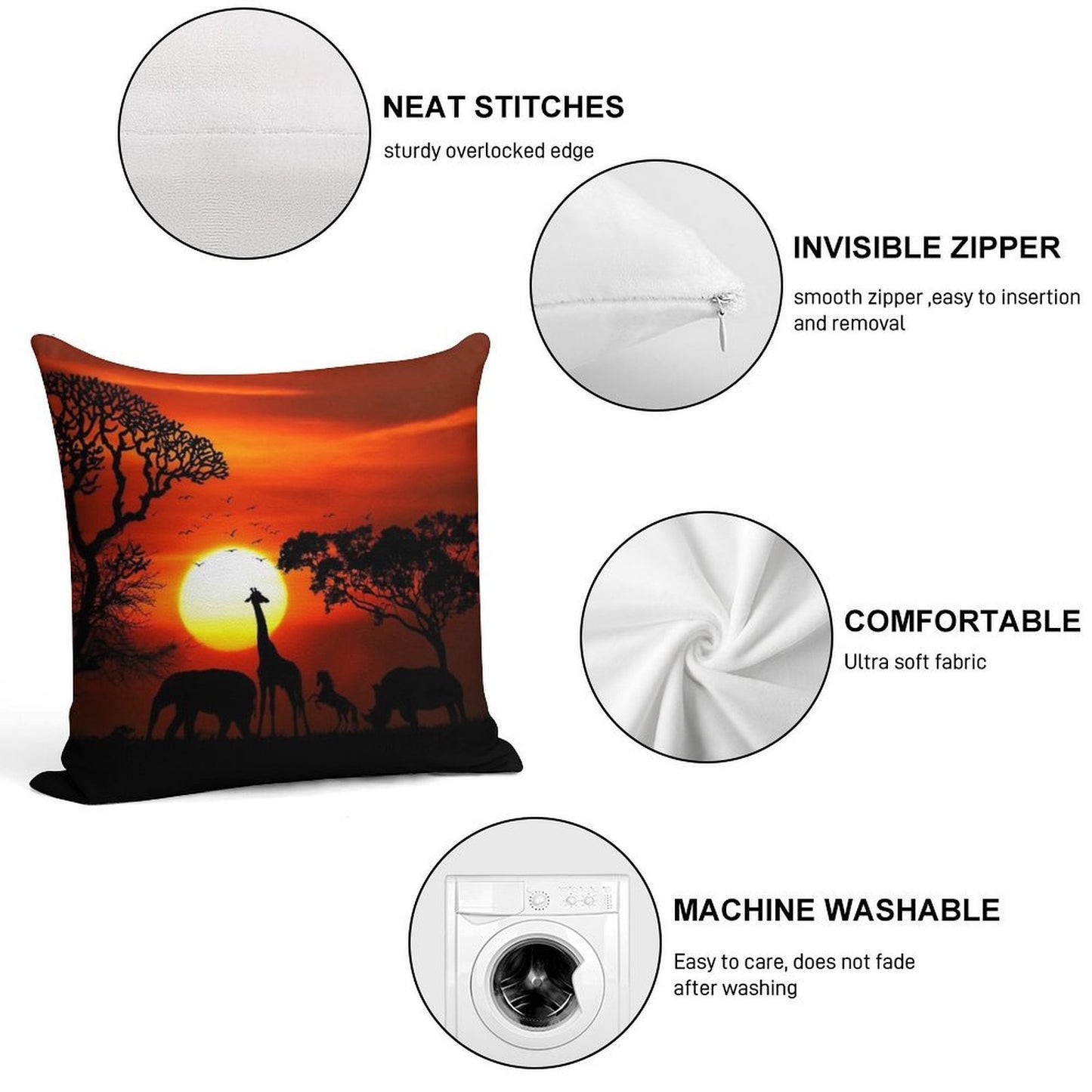 Wild Animals on African Savanna Sunset Soft Home Decor Throw Pillow
