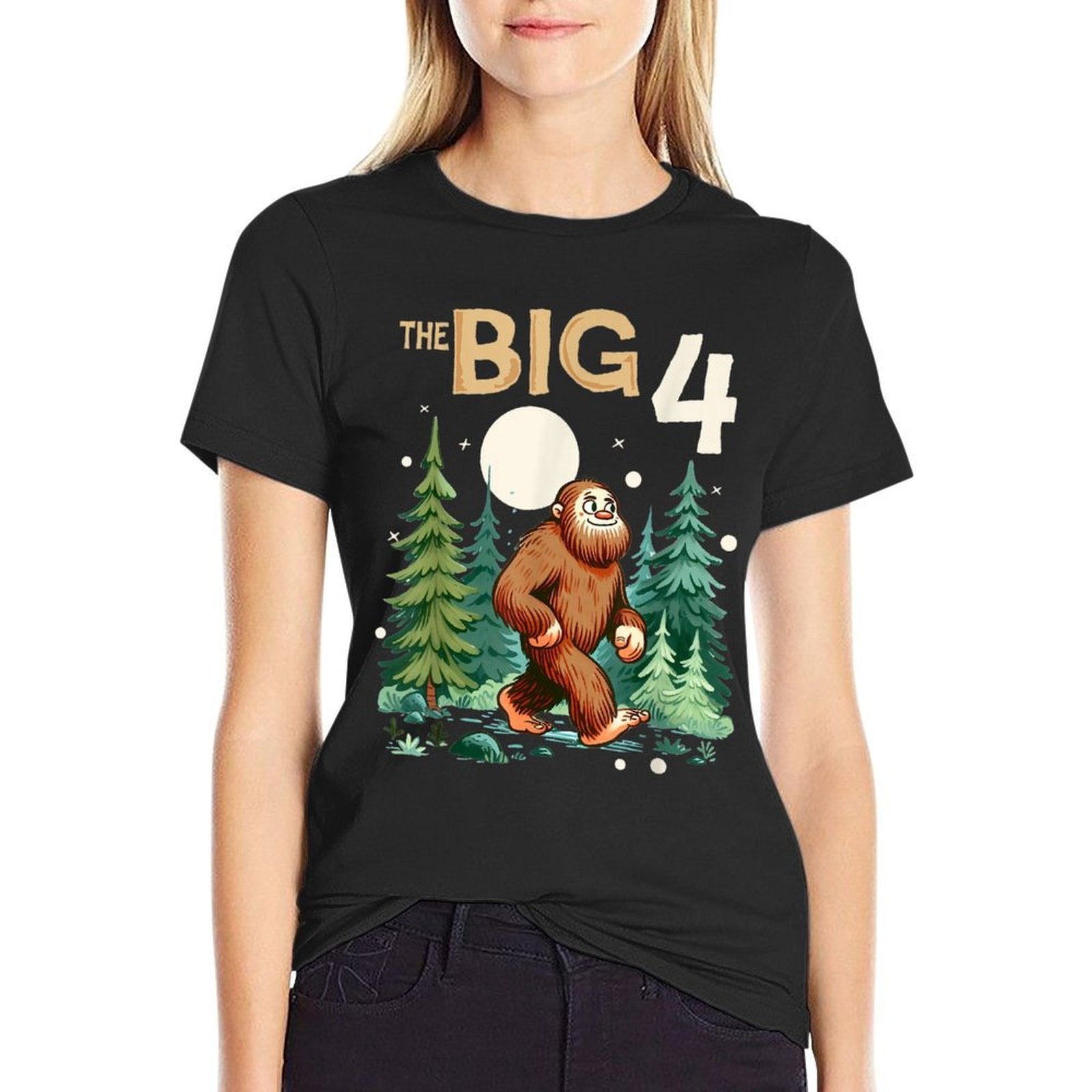 4th Birthday Bigfoot Birthday Party The Big 4 Sasquatch  Rolled Sleeves T-Shirt