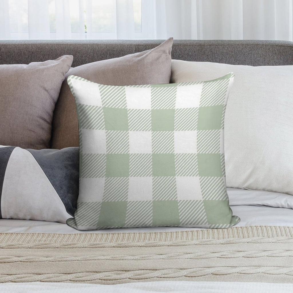 Sage Green White Large Buffalo Plaid Gingham Print All Over Soft Easy Maintenance Throw Pillow