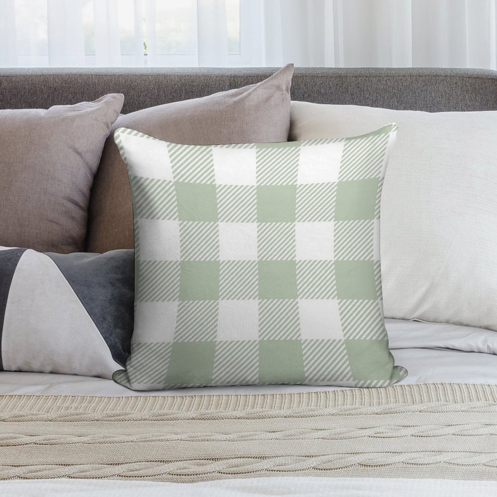 Sage Green White Large Buffalo Plaid Gingham Print All Over Soft Easy Maintenance Throw Pillow