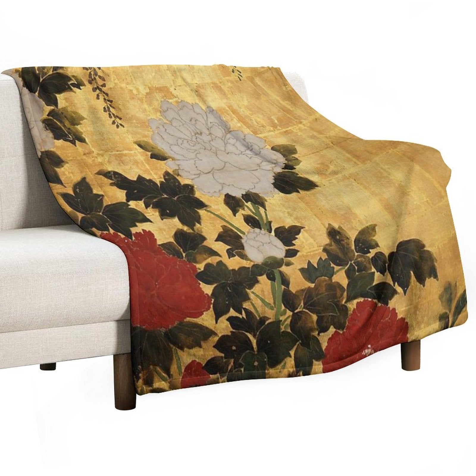 Vintage Japanese Floral Gold Leaf Screen With Wisteria And Peonies Versatility Throw Blanket