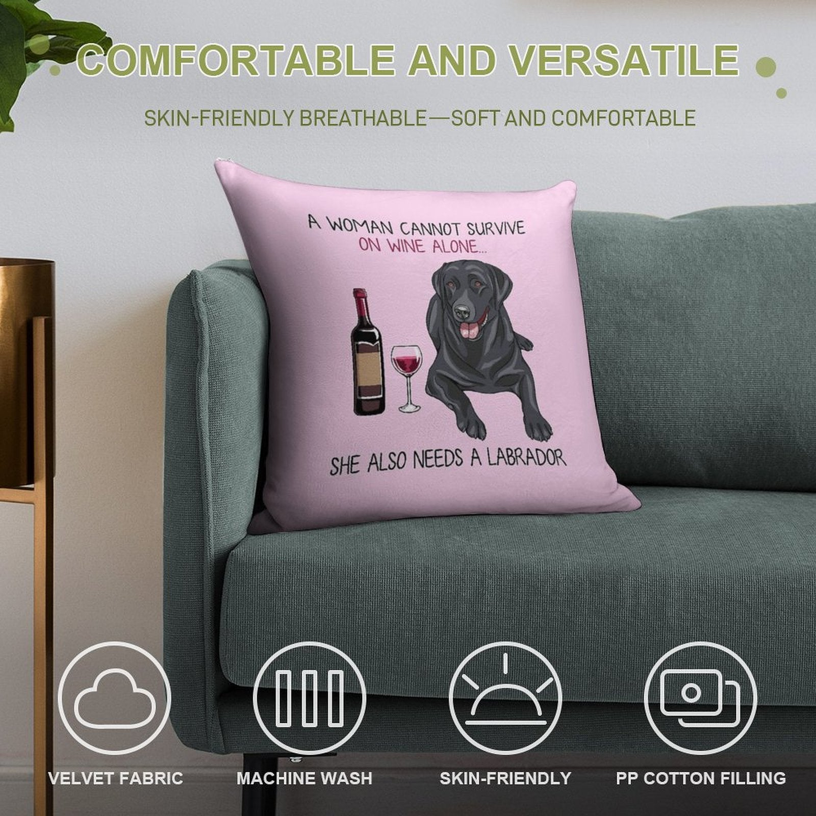 Labrador And Wine Funny Dog Soft Decorative Cover Throw Pillow