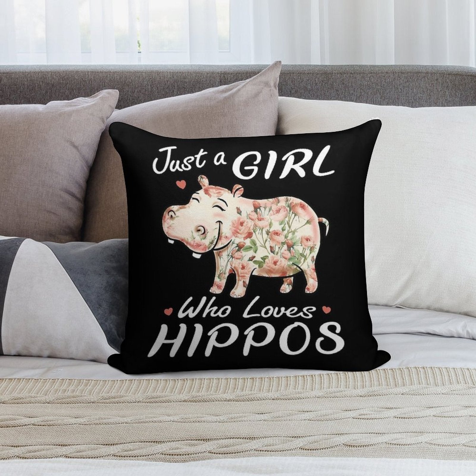 Just A Girl Who Loves Hippos Flower Hippopotamus Soft Reinforced Edging Throw Pillow