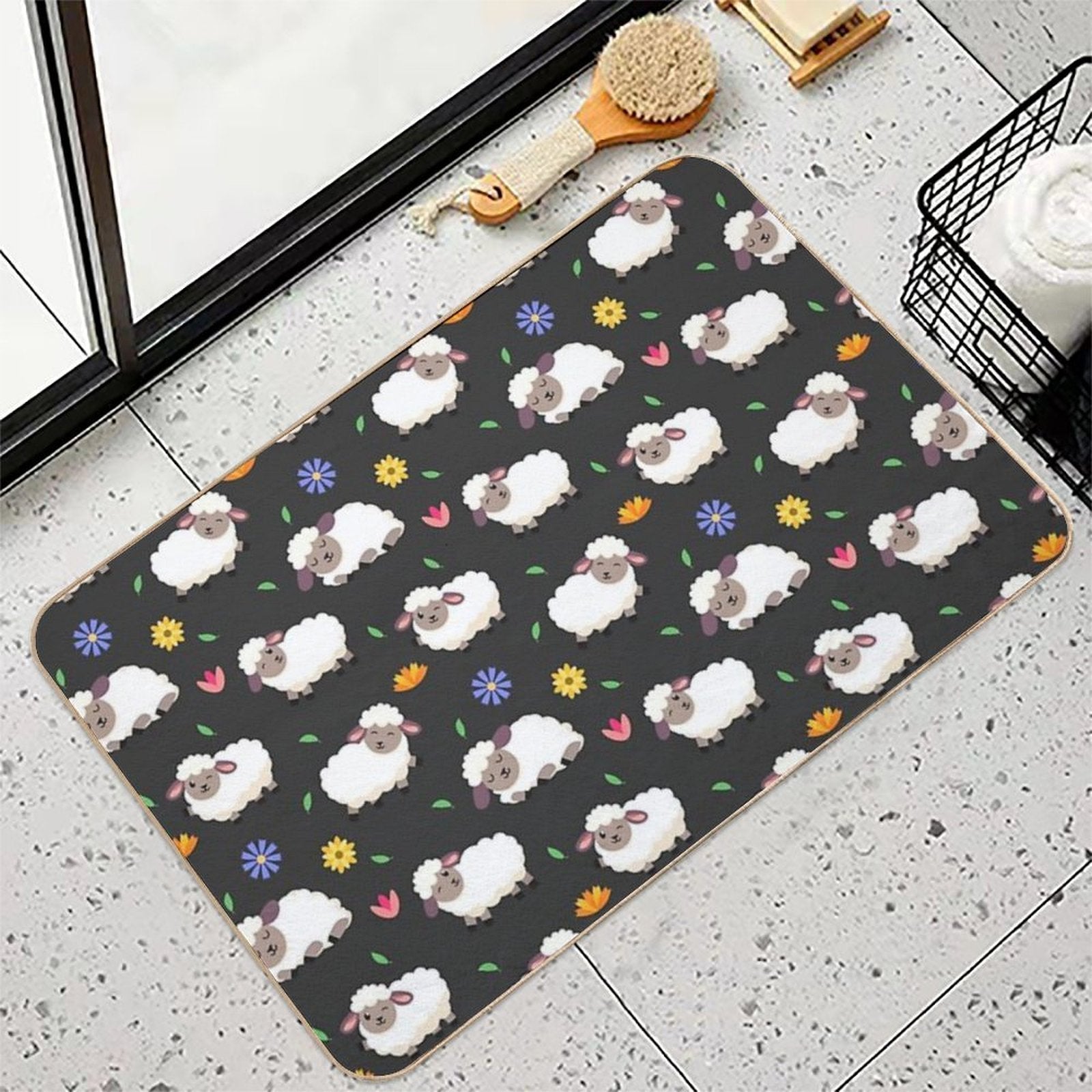 Sheeps And Flowers in Cartoon Style  Absorbent Bath Mat
