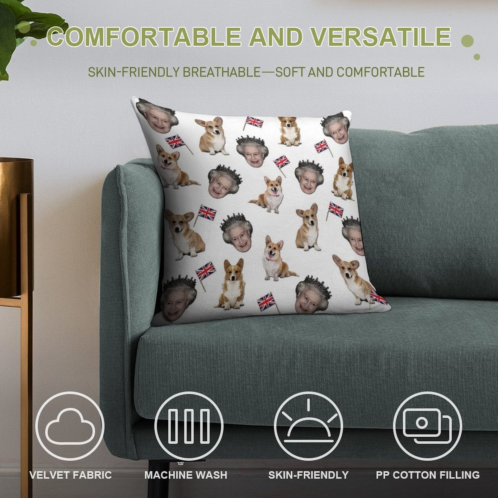 Queen Elizabeth And Corgis Pattern Soft Home Decor Throw Pillow