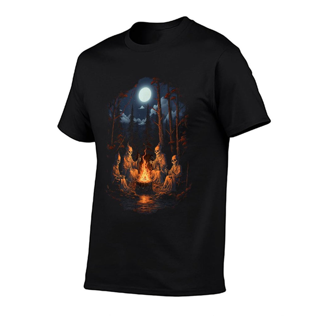 Vintage Ghost And Skeleton by Fire Camping Gothic Halloween  Wrinkle-resistant T-Shirt
