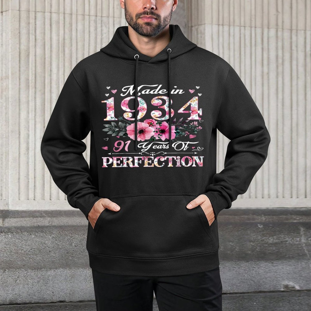 91 Year Old Made In 1934 Floral 91st Birthday Gift For Women Breathable Fabric Hoodie
