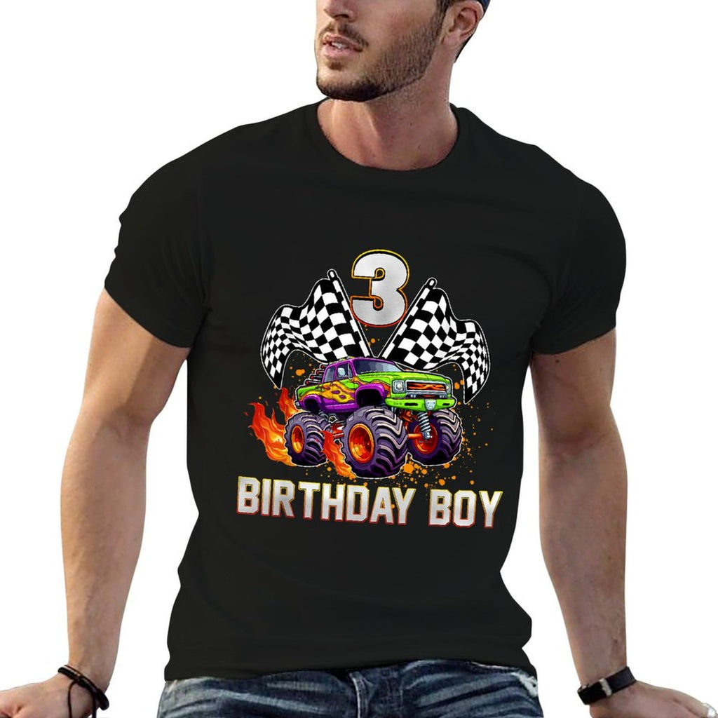 Birthday Monster Truck 3 Year Old Boys 3rd Party Matching  Rolled Sleeves T-Shirt