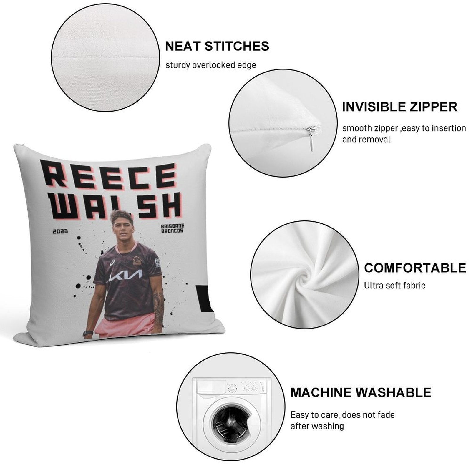 Reece Walsh Broncos Soft Reinforced Edging Throw Pillow