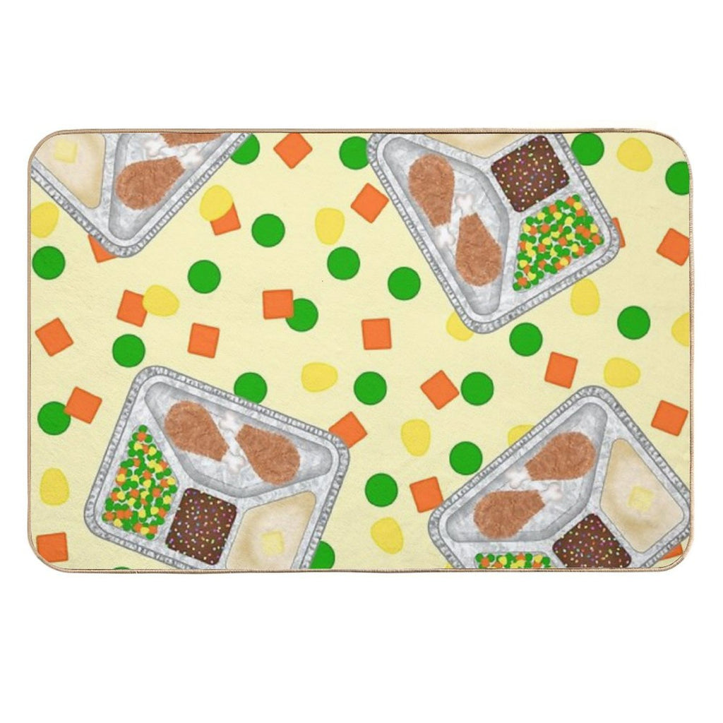 Retro 80’s TV Dinner Tray Food Fried Chicken Peas Corn Carrots On Light Pastel Yellow  Dirt-Trapping Bath Mat