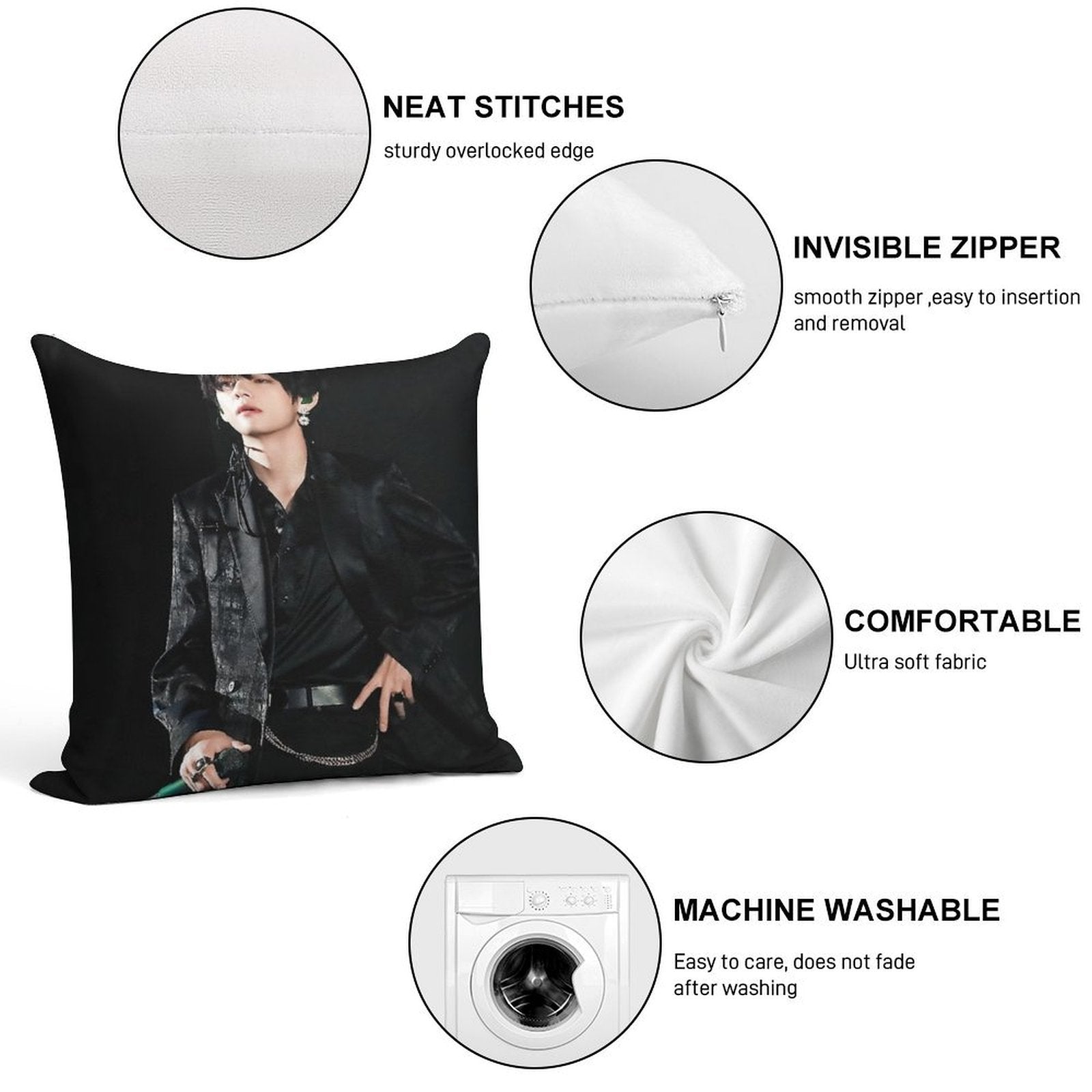 V in All Black Soft Hidden Zipper Throw Pillow