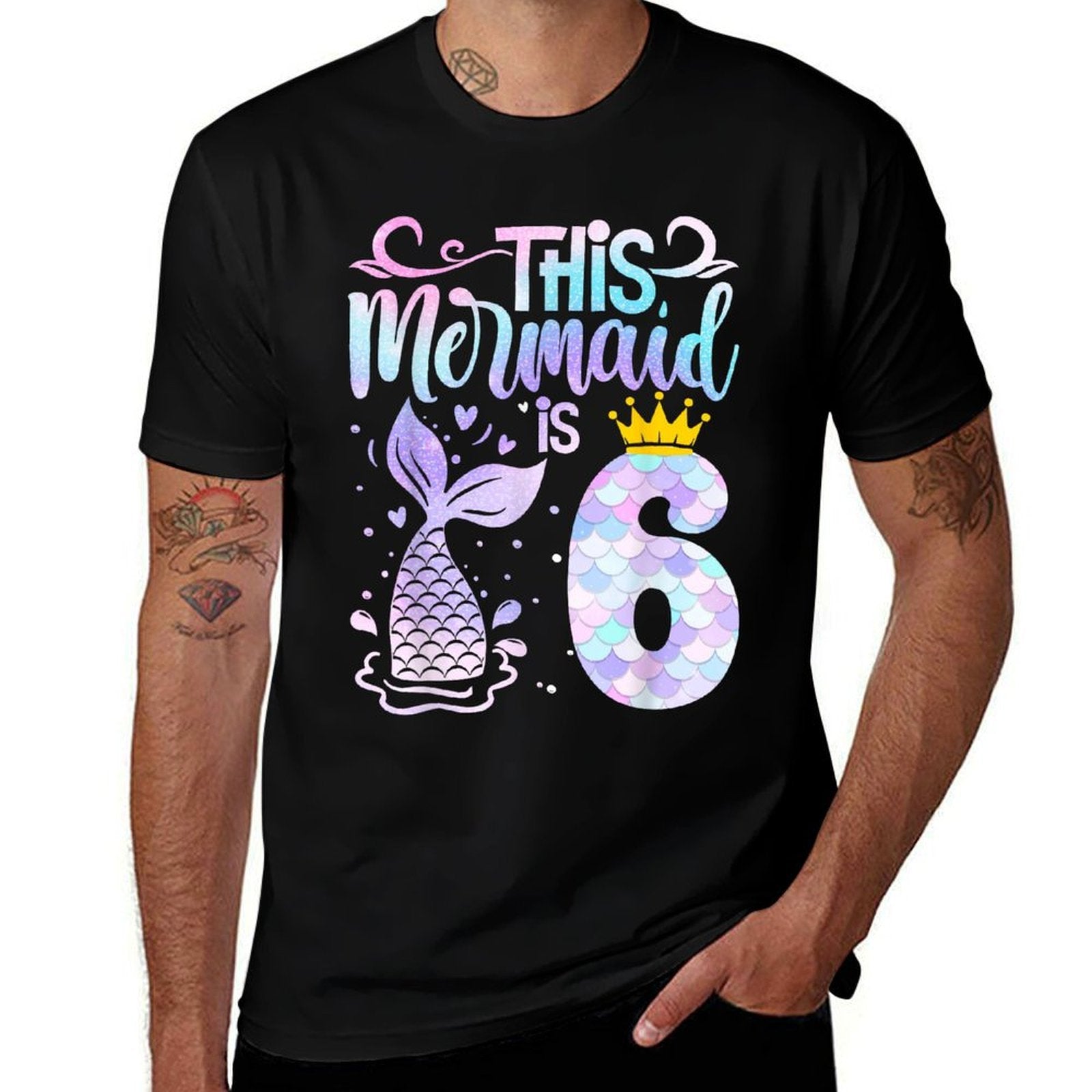 Mermaid 6th Birthday 6 Year Old Girl Six Yrs Happy Bday  Rolled Sleeves T-Shirt