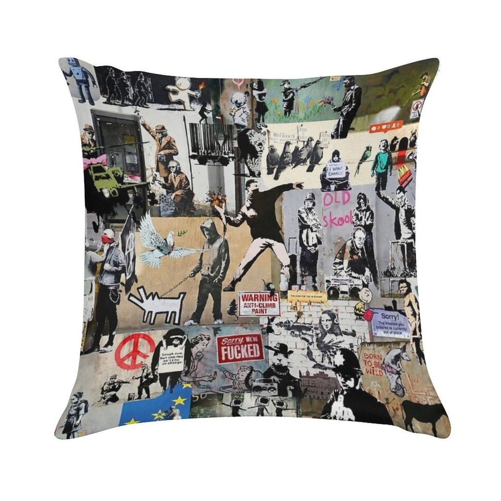 Banksy Collage Soft Washable Throw Pillow