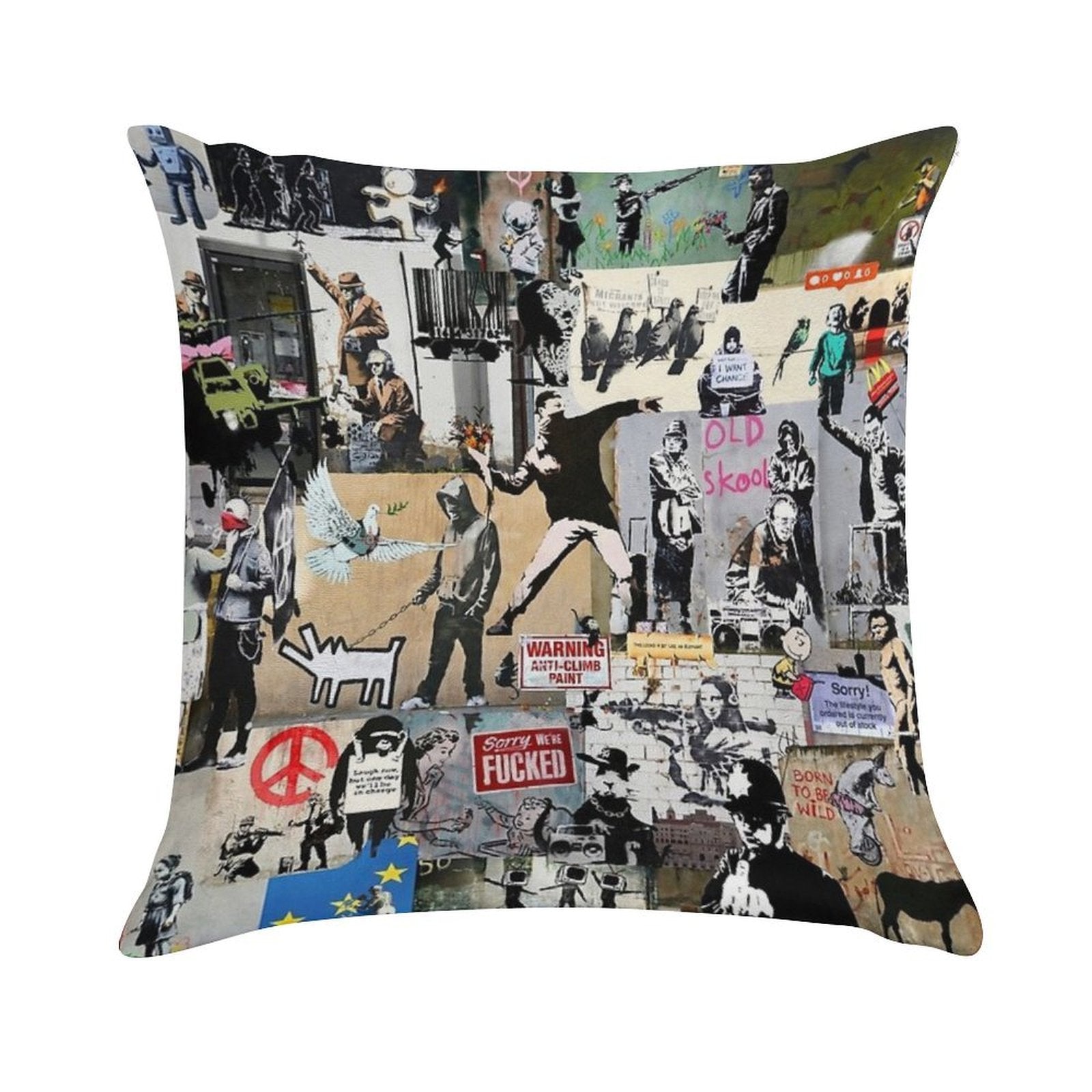 Banksy Collage Soft Washable Throw Pillow