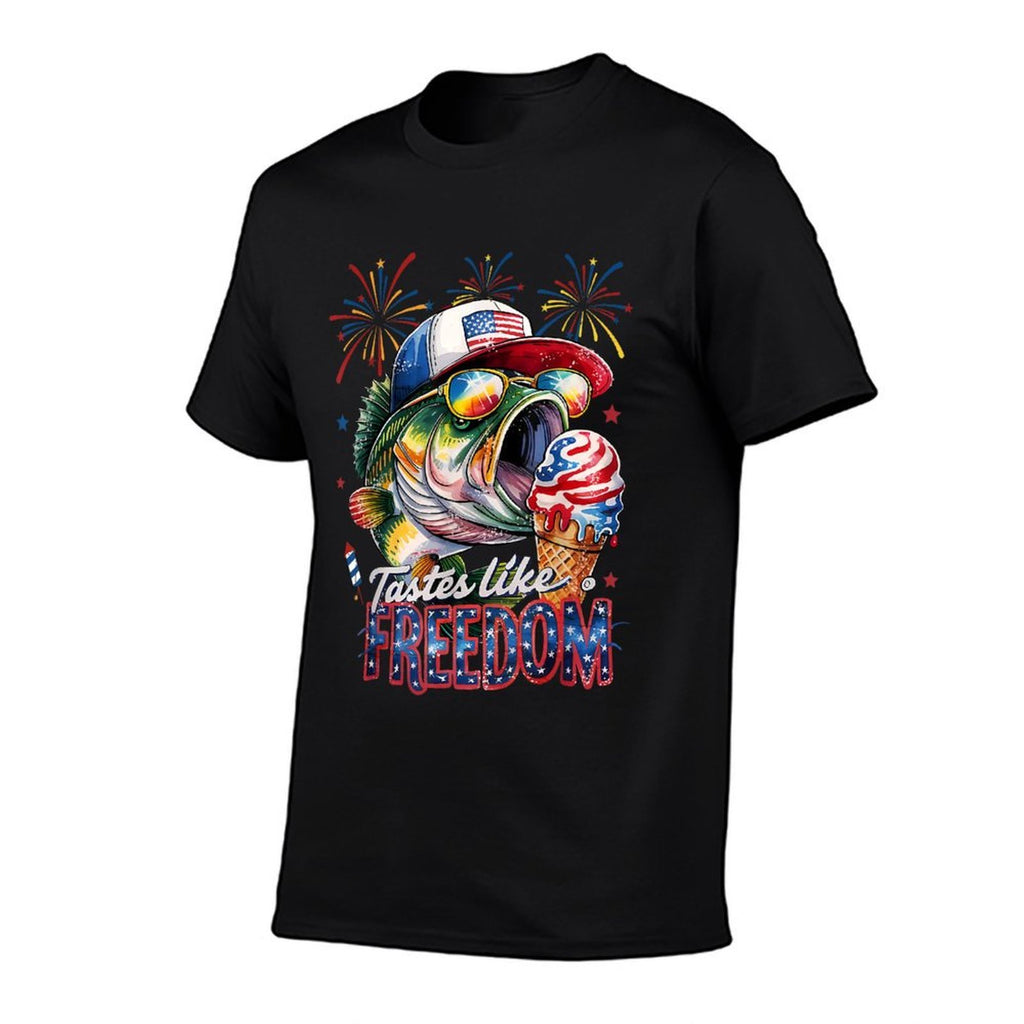 Tastes Like Freedom Bass Fishing Funny 4th of July Men Kids  Easy-care T-Shirt