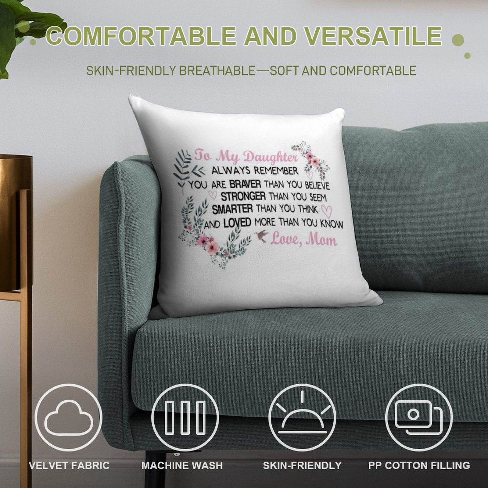 Gifts for Daughter From Mom, Daughters Birthday Gift, Heart with Inspirational Words, to My  Daughter, Body Burlap Throw Pillow Soft Anti-Pilling Throw Pillow