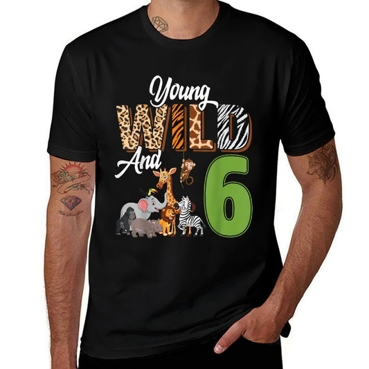 Young Wild And 6 Year Old 6th Birthday Safari Zoo Animal  Rolled Sleeves T-Shirt