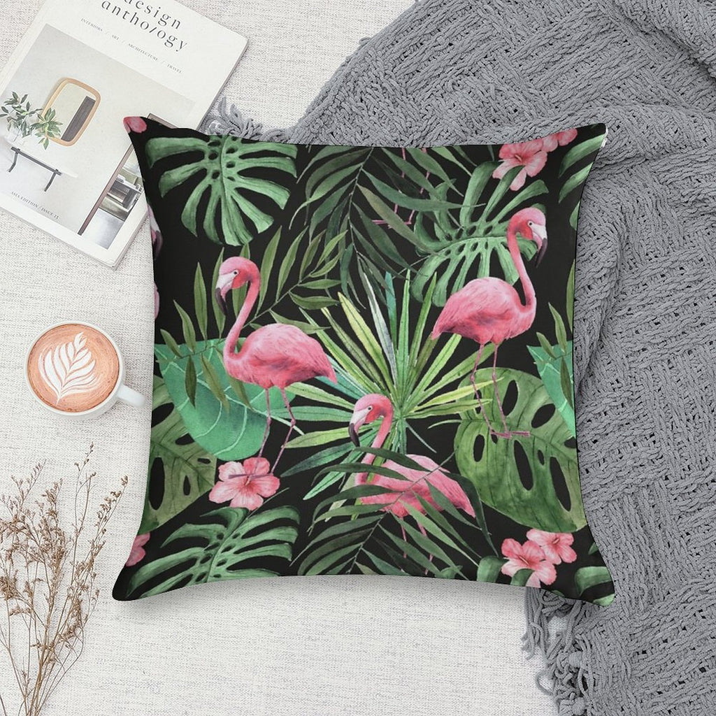 Palm Leave With Flamingo Pattern Soft Short Plush Fabric Throw Pillow