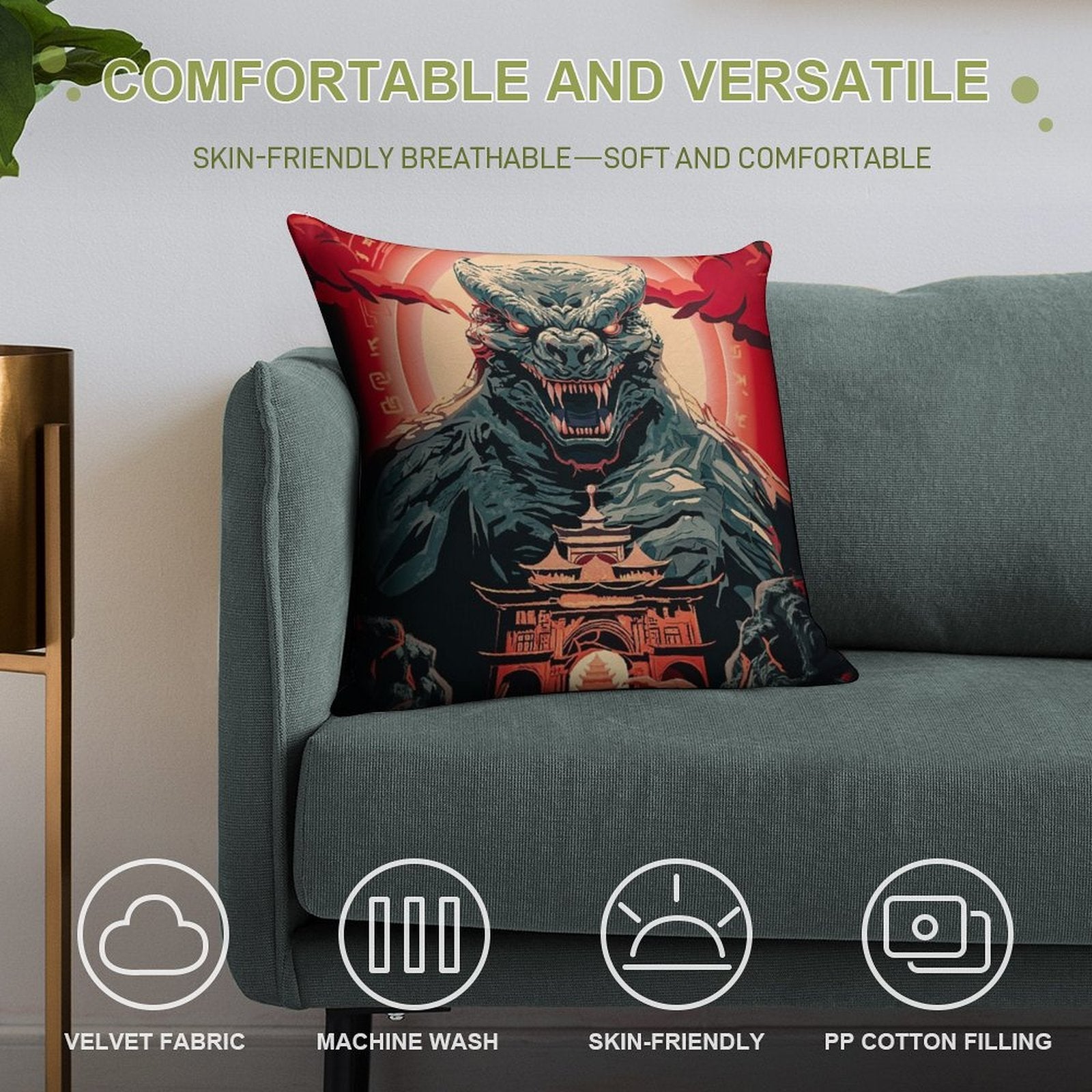 GODZILLA Soft Hidden Zipper Throw Pillow