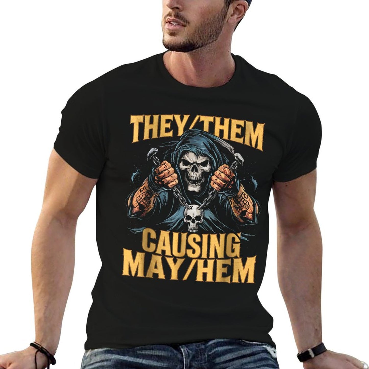 They Them Causing Mayhem Funny Brainrot Cringe Skeleton Meme  Soft T-Shirt