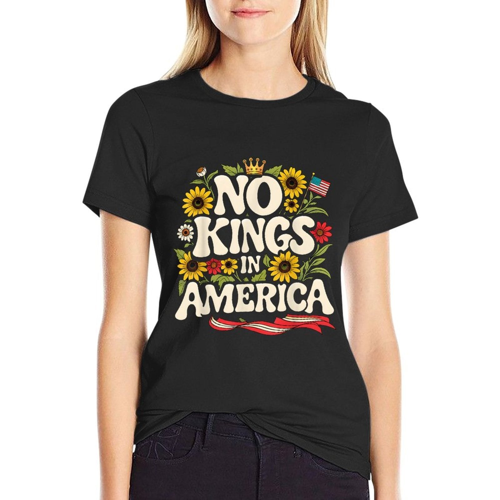 No Kings in America USA Vintage Floral 4th Of July Patriotic  Fade-proof Color T-Shirt