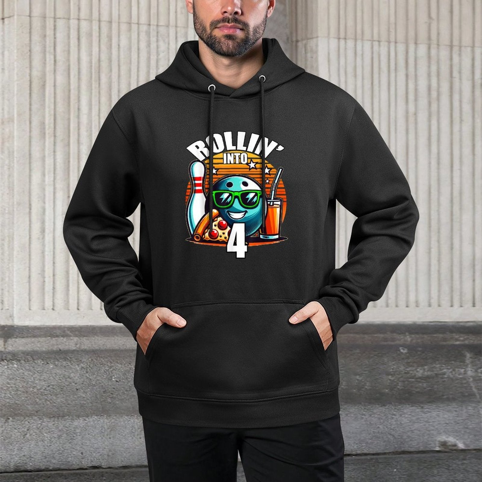 Rollin Into 4 Bowling Birthday Party 4th Birthday Retro Kids Versatile Streetwear Hoodie