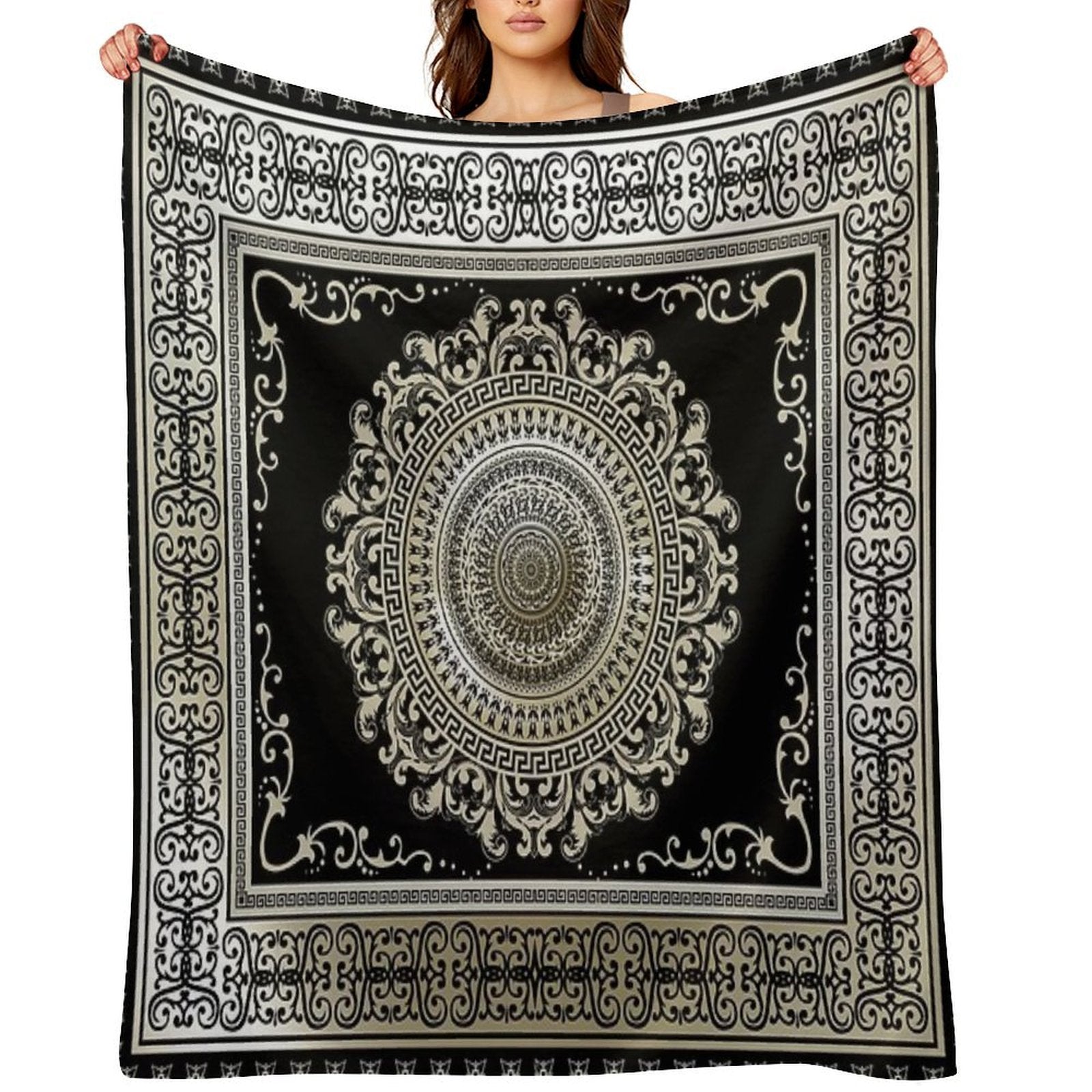 Ornate Greek Key Medallion Khaki And Black Durable Throw Blanket