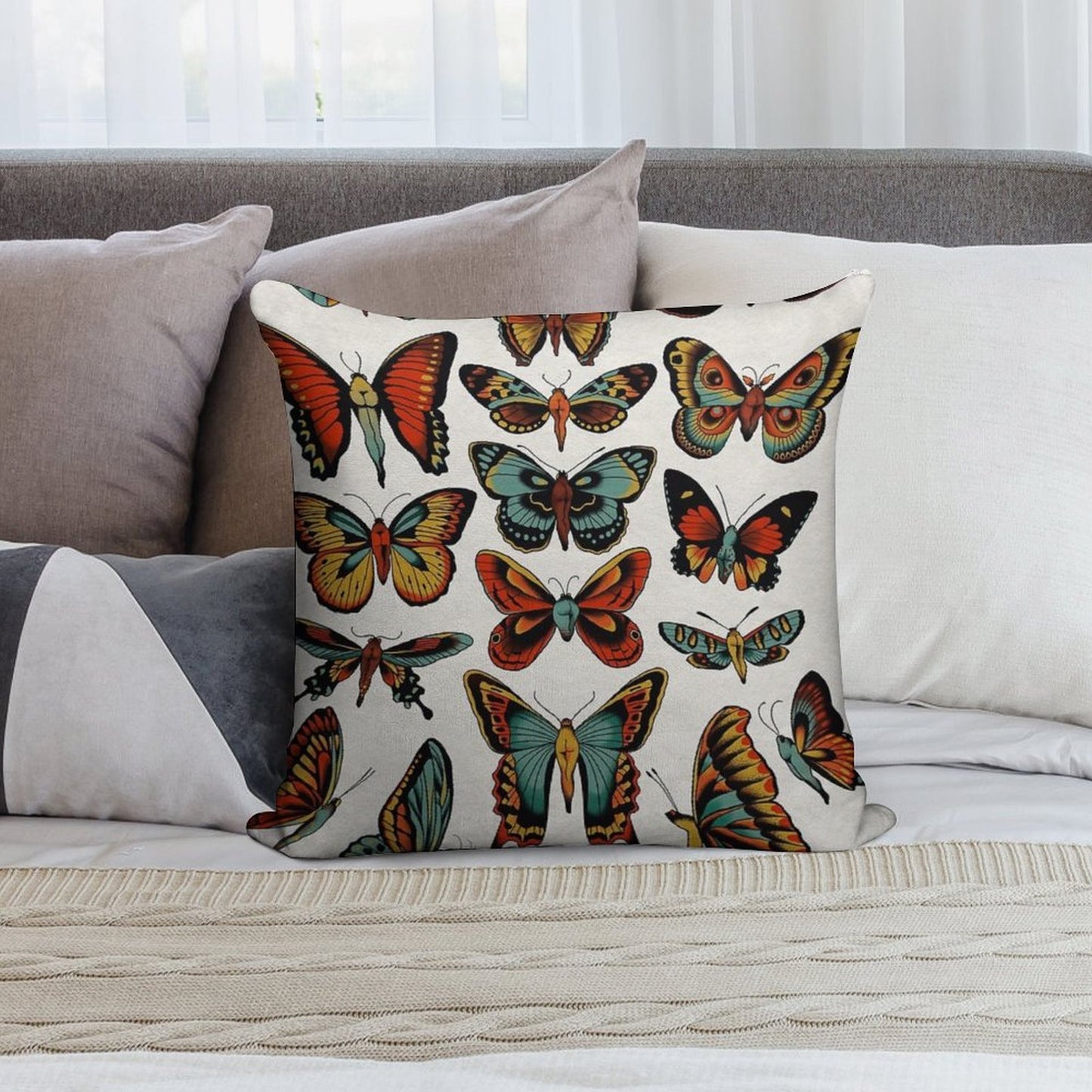 Butterflies Traditional Tattoo Flash Soft Fade-Resistant Throw Pillow